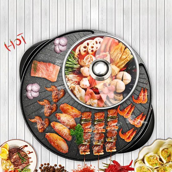 WizBay Premium Select® 2 in 1 Dual Aziatische Shabu HotPot - Hot pot - Funcooking - 1 Bouillon Gedeelten - Grill - Gourmetten - Fondue - 3 tot 5 personen - 1200W - Anti Aanbak Laag - Rond 38cm