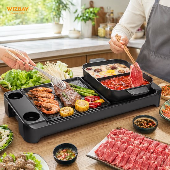 WizBay Premium Select® 3 in 1 Dual Aziatische Shabu HotPot - Hot pot - Funcooking - 2 Bouillon Gedeelte - Afneembare Pan en Grill - Gourmetten - Fondue - 6 tot 8 personen - 2200W - Anti Aanbak Laag - 70cm Lang