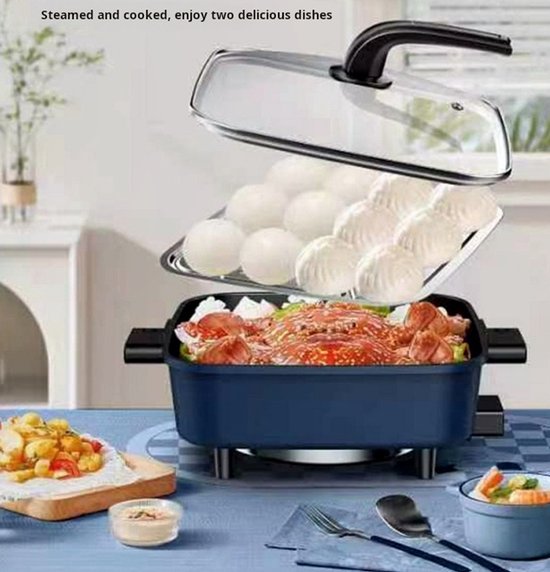WizBay Premium Select® 3in1 Koreaanse Elektrische Grill 6L - Hotpot - Stoompan - Inclusief Aluminium Stoomplaat - Funcooking - Gourmetten - 4 tot 6 Personen - Anti Aanbak Laag - 1500W - Temperatuurregeling - Blauw