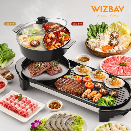 WizBay Premium Select® 4 in 1 Dual Aziatische Shabu HotPot - Afneembare Pan - Funcooking - 2 Bouillon Gedeelten - Grill - Gourmetten - Fondue - 6 tot 8 Personen - 2200W - Anti Aanbaklaag - 73 cm Lang