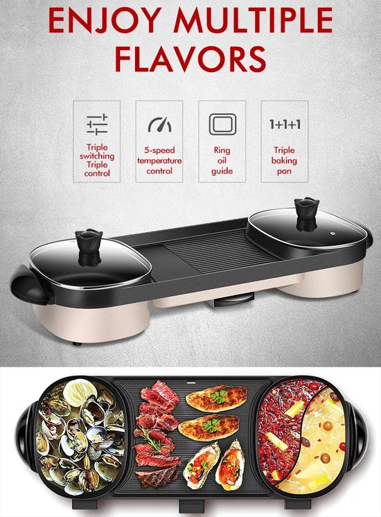 WizBay Premium Select® 4 in 1 Dual Aziatische Shabu HotPot - Hot pot - Funcooking - 3 Bouillon Gedeelten - Grill - Gourmetten - Fondue - 5 tot 12 personen - 2000W - Anti Aanbak Laag - 80cm Lang