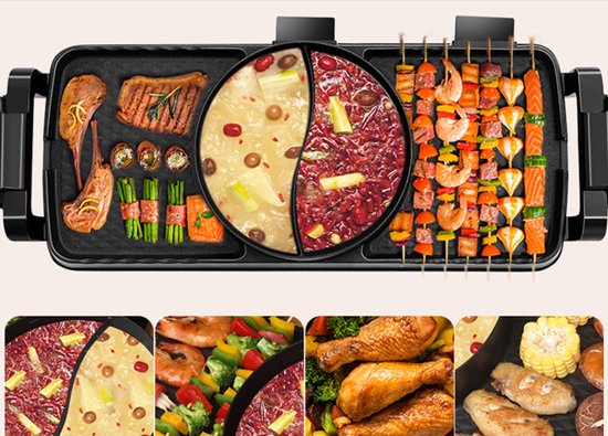 WK Indoor Snelverwarmende 67×26 cm BBQ & Hotpot All-in-One | 5–8 Personen | 2200W | Onafhankelijke Temperatuurregeling | 5 Warmtestanden | Afspoelbaar na Uitschakeling | Makkelijk Schoon te Maken
