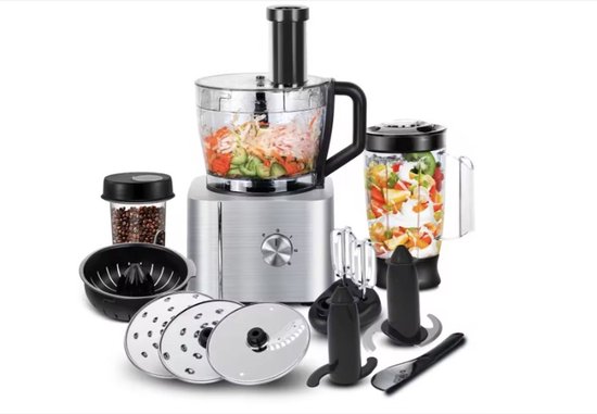 WNHB® Keukenmachine Alles in 1 - 1100W Multifunctioneel met Blender Vleesmolen Garde Kneder Shredder Hakselaar Sinaasappelpers - Zilver van Merkloos
