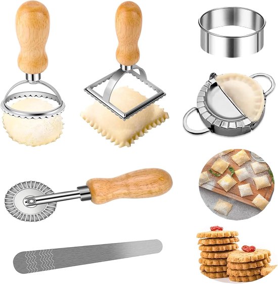 Wonton koekjesvorm, vierkante Wonton-snijder, ronde Wonton-vormmachine, deegraad, vleesschep (6-delige set)