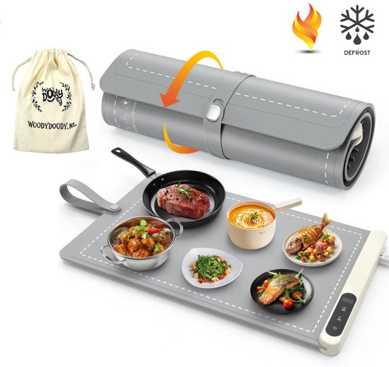 WoodyDoody Elektrische Verwarm Mat Warmhoudplaat Gerechten Dienblad EU VERSIE Celcius - XXL Bordenwarmer - Eenvoudig Ontdooien Diepvries Producten - Draagbare Voedselverwarmer met 3 Standen - Timer Functie Eenvoudig op te Bergen - Drogen Servies