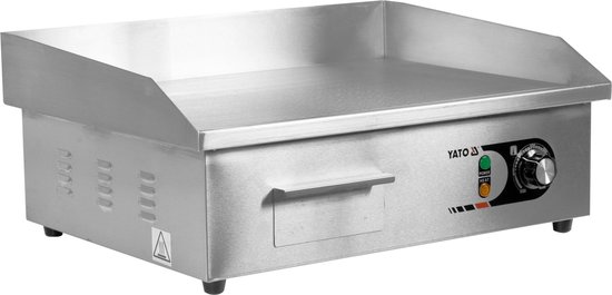 YATO Elektrische Bakplaat Glad 3000W - Professionele RVS Horeca Grillplaat 555 x 350 mm - Vlakke Baktraf met Vetopvangbak & Spatrand - RVS Contactgrill voor Eieren, Burgers, Panini's & Groenten (YG-04585)