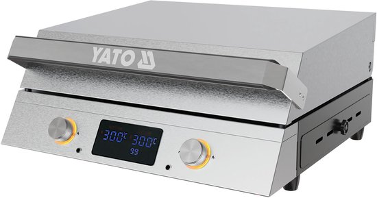 Yatomi Elektrische Tafelgrill – 2300W – Gietijzeren Plaat 47x33cm – 2 Snel Regelbare Zones – Met Kerntemperatuurmeter / Vleesthermometer & LED Display – RVS