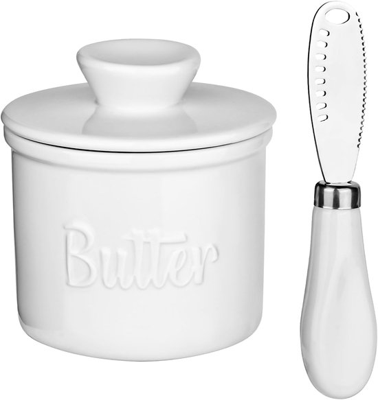 YHNDECO French Butter Dish, Ceramic Butter Dish, Butterdish, Water Cooled, Ceramic Butter Bell for Freshness and Spreadable Butter(White)