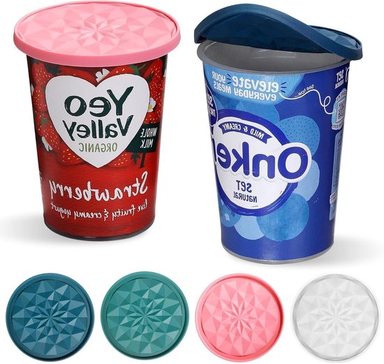 Yoghurt deksel set - Siliconen bekermuis - Voedsel bewaren - Dubbele functie - 4 stuks - Multicolor van Merkloos