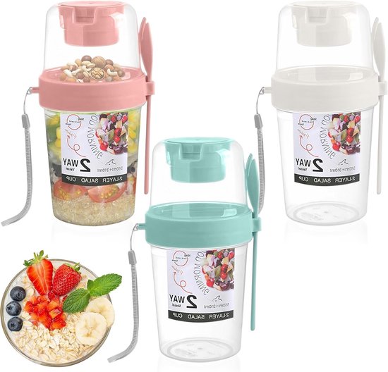 Yoghurt Granola Cups met Lepel en Deksel, 2 Laags, Fruit en Melk Voor Makkelijk Ontbijt On-the-Go, Herbruikbare Yoghurtpot