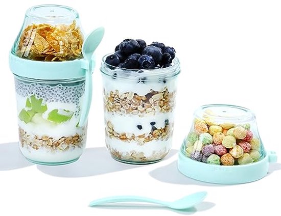 Yoghurt Parfait beker met deksel en lepel - Herbruikbare maaltijdbereidingspot voor ontbijt, snacks en fruit van Cosswe.