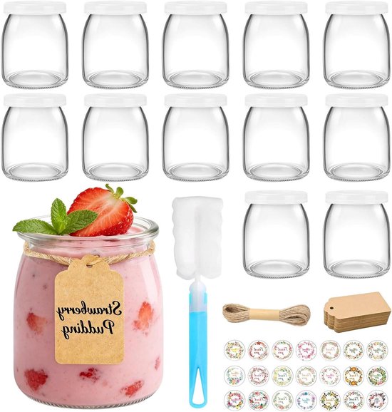 Yoghurt Potjes - Dessertglazen met deksel - Zelfbereidingen bewaren - Voedselveilig glas - 12 stuks 200 ml - Doorzichtig