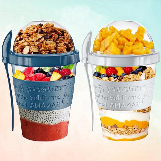 Yoghurt Potten - Havermout Bakjes - Ontbijt Onderweg - Inclusief Lepel - 600 ml - Blauw Grijs