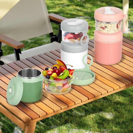 Yoghurtbeker met Lepel en Deksel - Cereal To Go Container (530ml + 330ml) voor Ontbijt en Salades van Merkloos