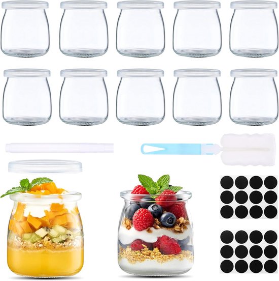 Yoghurtbekers met Deksel - 200 ml Herbruikbare Glazen Flessen voor Yoghurt, Haver en Jam - 12 Stuks van Merkloos