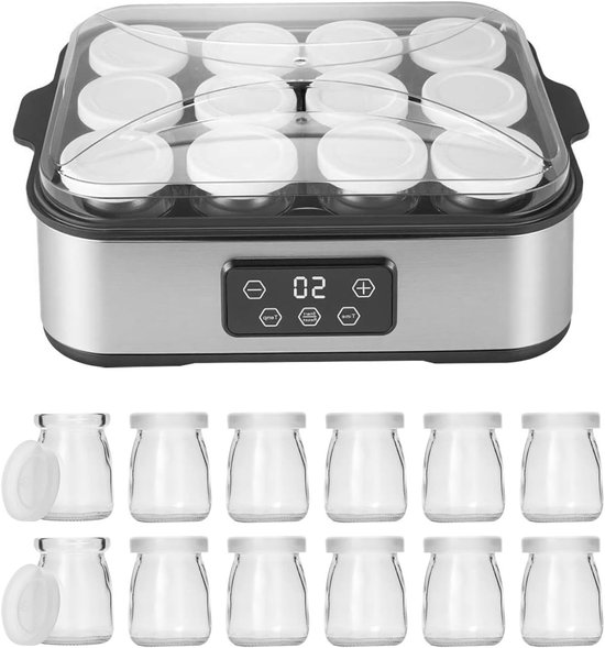 Yoghurtemaker 2200ml met 12 glazen van 180ml, RVS digitale yoghurtmachine voor zelfgemaakte yoghurt, kaas en natto thuis maken