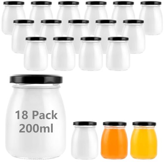 Yoghurtglazen 200 ml met zwart deksel - Set van 18 - Perfect voor pudding, jam en honing van Merkloos