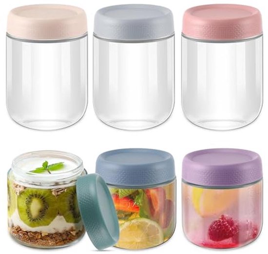 Yoghurtglazen met deksel - Glazen bewaark containers voor haver, 350 ml en 480 ml - Verpakking van 6 stuks van Merkloos