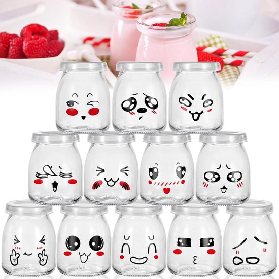 Yoghurtglazen met deksel - Glazen potjes - Lekkernijen bewaren - Luchtdichte afdichting - 12 stuks 150/100 ml - Doorzichtig
