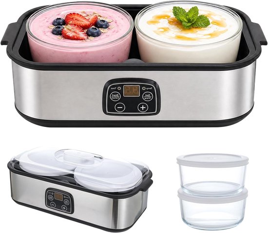 Yoghurtmachine met 2 liter capaciteit, instelbare temperatuur en timer voor Griekse yoghurt, kaas en natto