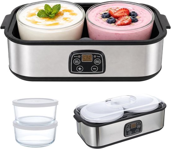 Yoghurtmachine met instelbare temperatuur en timer, 2 liter, ideaal voor Griekse yoghurt, kaas en natto, inclusief 2 glazen potten