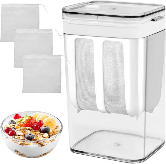 Yoghurtmaker 1100ml met deksel en fijne roestvrijstalen zeef voor Griekse yoghurt, verse kaas en notenmelk maken