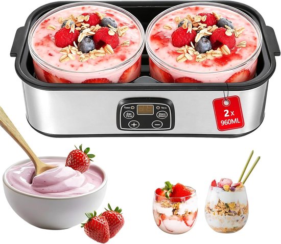 Yoghurtmaker 2 Liter met 2 Glazen van 1 Liter, RVS Digitale Yoghurtmachine voor Zelfgemaakte Yoghurt, Kaas en Natto Thuis maken