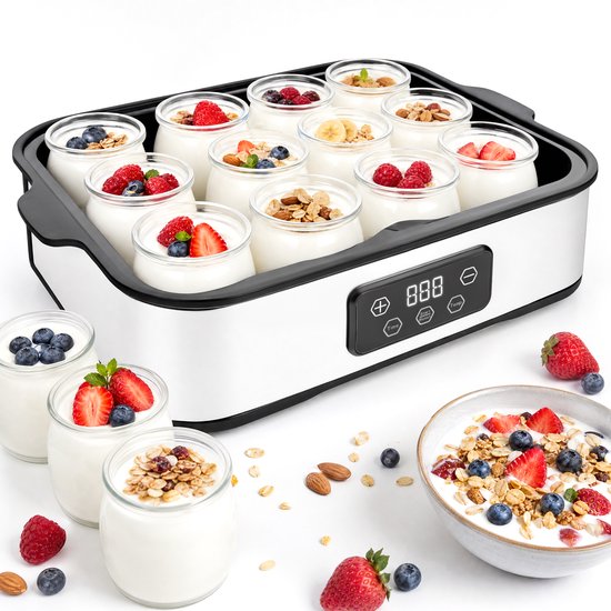 Yoghurtmaker 25W - 12x180 ml Glazen Potjes - 2,16L - Timer - Instelbare Temperatuur - Zilver