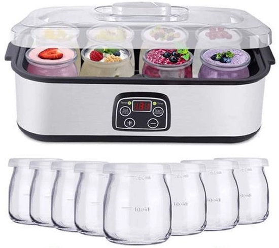 Yoghurtmaker - 8 potjes van 180 ml, one-touch display, temperatuurregeling 20-55°C - Voor zelfgemaakte yoghurt voor baby's, kinderen en gezinnen - Roestvrij staal van Merkloos