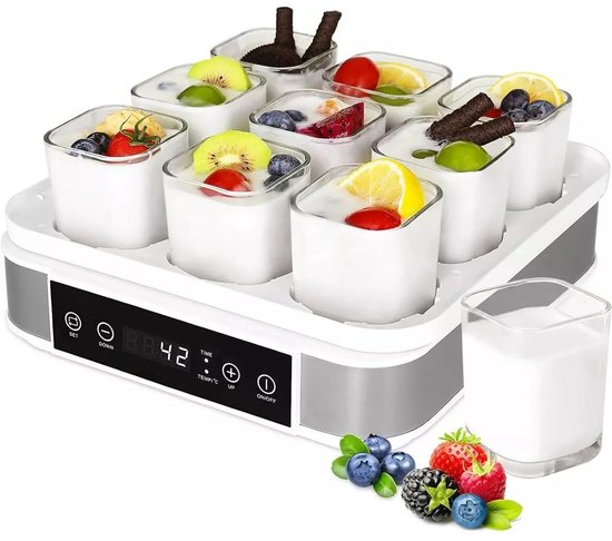 Yoghurtmaker – Digitaal – RVS & ABS – 9 Glazen Bekers 170ml – LED Display – Timer & Temperatuurregeling – Automatische Uitschakeling – BPA-vrij – 40W – Vaatwasserbestendig van Palona
