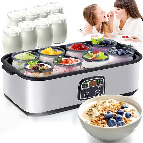 Yoghurtmaker - met instelbare temperatuur- en tijdregeling - 8 glazen potjes (180 ml per stuk) - LCD-display - constante temperatuurregeling - roestvrijstalen design van Merkloos