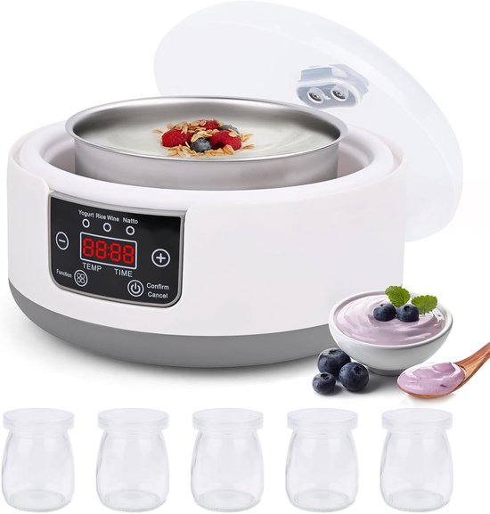 Yoghurtmaker met Temperatuurregeling – Incl. 5 Glazen Potjes 100ml – Voor Griekse & Vegan Yoghurt – Ook voor Natto van Merkloos