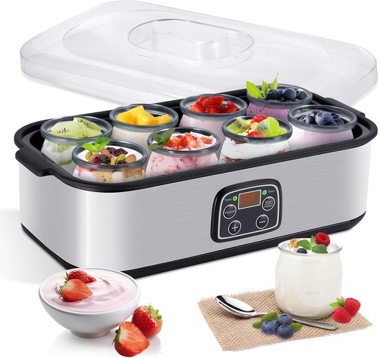 Yoghurtmaker - Yoghurt machine - Yoghurt maker - Yoghurt - Instelbare temperatuurregeling - Tijdregeling - Inclusief 8x60z glazen potjes - LCD-display - Constante temperatuurregeling - Zilver van Merkloos