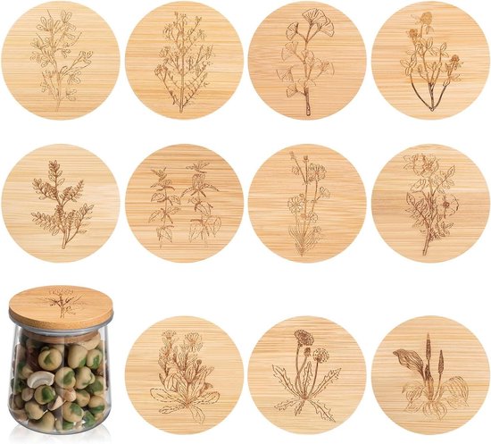 Yoghurtpot Deksel - Bamboe Deksel Set - Yoghurt Pot Afdekken - Met Siliconen Afdichting - 12 stuks - Houtkleur van Merkloos