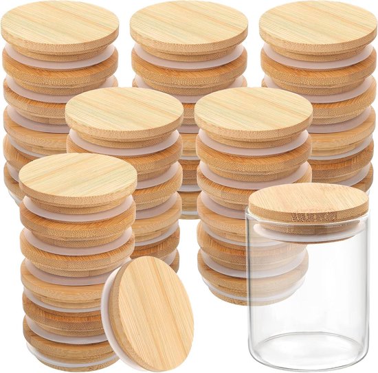 Yoghurtpot Dekselset - Bamboe Dekseltjes - Potten Afsluiten - Met Siliconen Ring - 62 cm Diameter - Bamboe