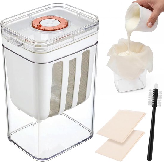 Yoghurtzeefset 1100 ml voor Griekse yoghurt en kaas, met roestvrijstalen filter en katoenen doeken, ideaal voor kwark en koffie maken