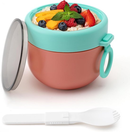 Yogurt Cup, Cereal Cup to Go Kids Lunch Pot Cereal to Go Cup with Folding Spoon, Smoothie Bowl, Porridge, Cup Yogurt Lid for Any Breakfast, Lunch, Snack Boxes, 600 ml, Nordic Red