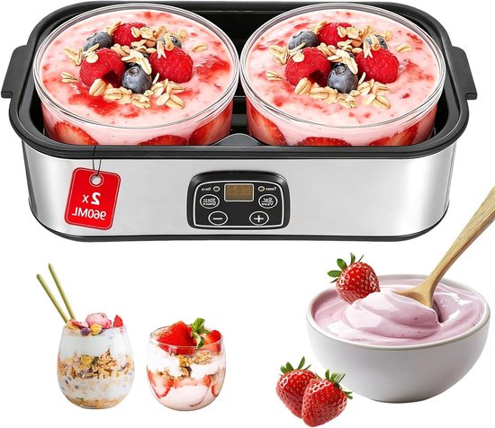 Yogurt Maker voor Thuisgebruik, 2 Liter Capaciteit, RVS Digitale Machine voor Zelfgemaakte Yoghurt, Kaas en Natto, Inclusief 2 Glazen van 1 Liter