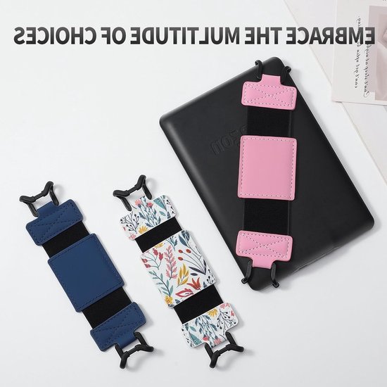 Zachte handstrap voor 6-8 inch eReaders en tablets - veelzijdige polsband, lichtgewicht vingerhouder in zwart en roze, ideaal voor lezen en onderweg.