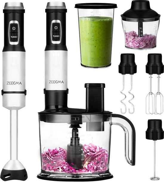 Zeegma Handy – Staafmixer Set 9in1 – 1500W – Titanium Messen – Blender – Mixer – Hakmolen Electrisch – Foodprocessor – Snijschijven – Raspschijven – Kneder – Klopper – Melkopschuimer Elektrisch – Smoothie – Soepen – Groenten, Vaatwasserbestendig