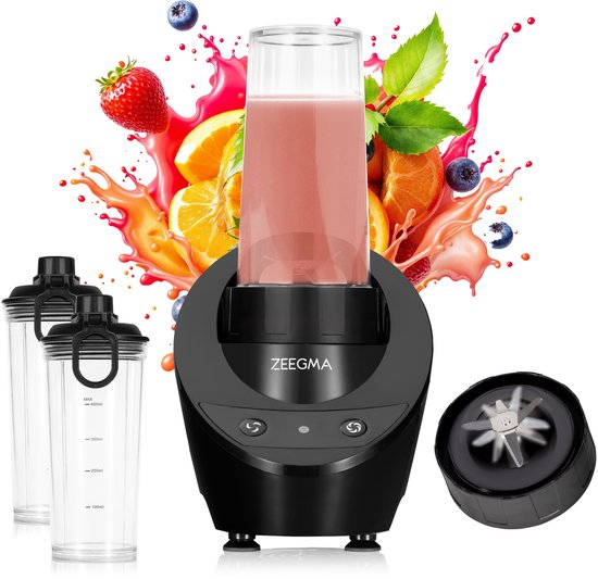 Zeegma Vitamine Base - Blender - Multifunctionele Blender voor Smoothies, Shakes, Soepen, Sauzen en Meer - Smoothie maker - Compact, Elegante Design met 2 Flessen (630 ml) en Deksels - Intuïtieve Bedieningsknoppen van Zeegma