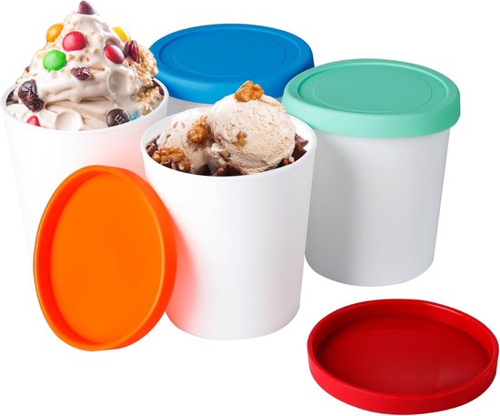 Zelfgemaakte ijsbakjes (4(stukkenset), gebruiktPPIJsbewaarcontainer voor de vriezer, lekvrije ijscontainer met siliconen deksel.