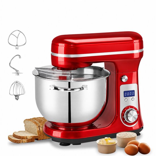 Zerova Keukenmachine 6L - Blender - Keukenmixer - Keukenapparaten - Standmixer 1200W - Garde - LED Display - 6 snelheden - Rood