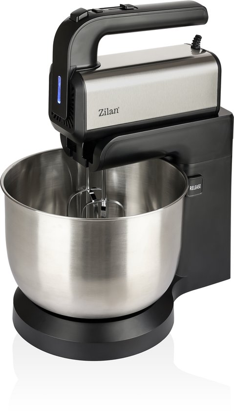 Zilan Handmixer met Kom 500W – Roterende Mengkom 3,5L – 5 Snelheden & Turbofunctie – Elektrische Mixer met Gardes en Deeghaken – RVS Kom van Merkloos