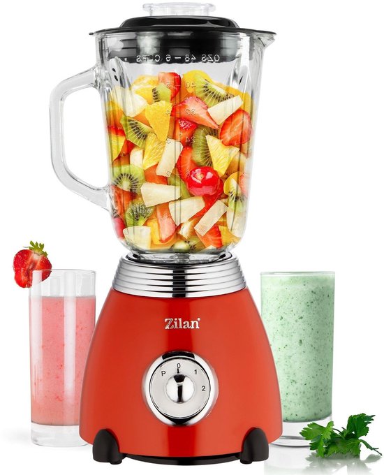 Zilan ZLN7057 Retro Blender – 1,5L Glazen Kan – 500W – 2 Snelheden + Pulse – RVS Mes – Rood van Zilan