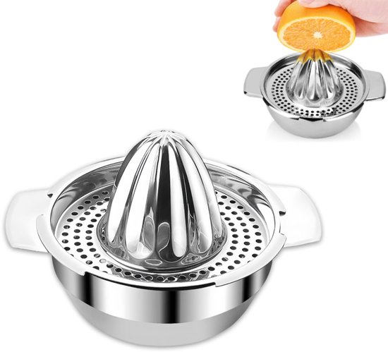 Zilverkleurige sapcentrifuge - Handmatige sapcentrifuge van roestvrij staal - Geschikt voor het persen van citroenen, sinaasappels en andere citrusvruchten - 16,7 x 11,8 cm