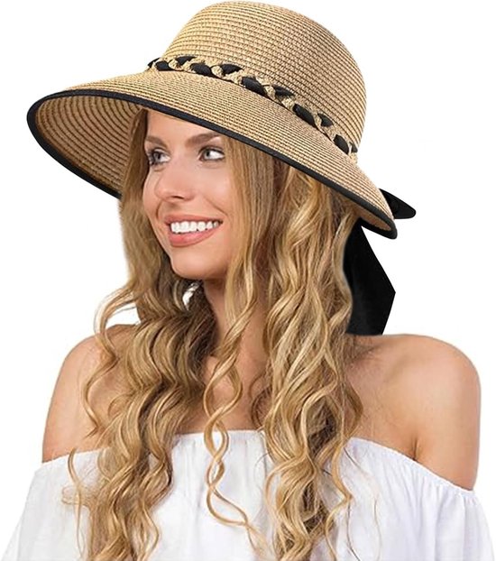 Zomerse Strohoed voor Dames met UPF 50+ UV Bescherming, Vouwbare en Opvouwbare Breedrand Hoed voor Strand en Buitenactiviteiten