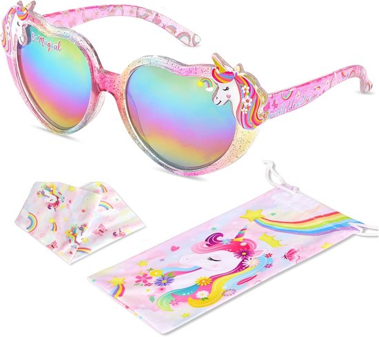 Zonnebril voor meisjes, eenhoorn, hartvorm, uv-bescherming, ultraviolet, zonnebril met etui, zachte bril voor grappige partyglazen voor meisjes