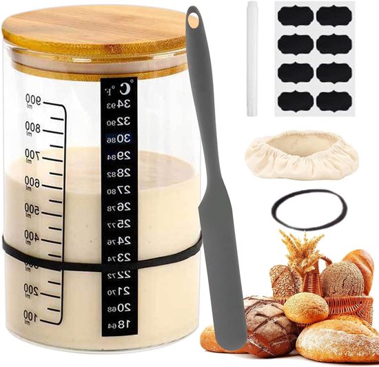 Zuurdesempot Set - Fermentatie pot - Zelf Bakken - Inclusief Temperatuurmeter - 21 cm Hoog - Transparant