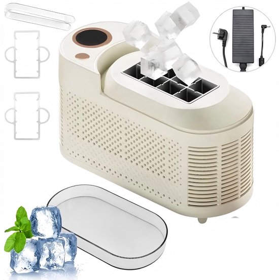 ZVD Kleine IJsblokjesmachine - 8 Blokjes in 10 Minuten - Draagbaar & Compact - 12V & 230V - Voor Auto, Camping, Keuken, appartement, Kantoor & Cocktails - Wit - met IJstang